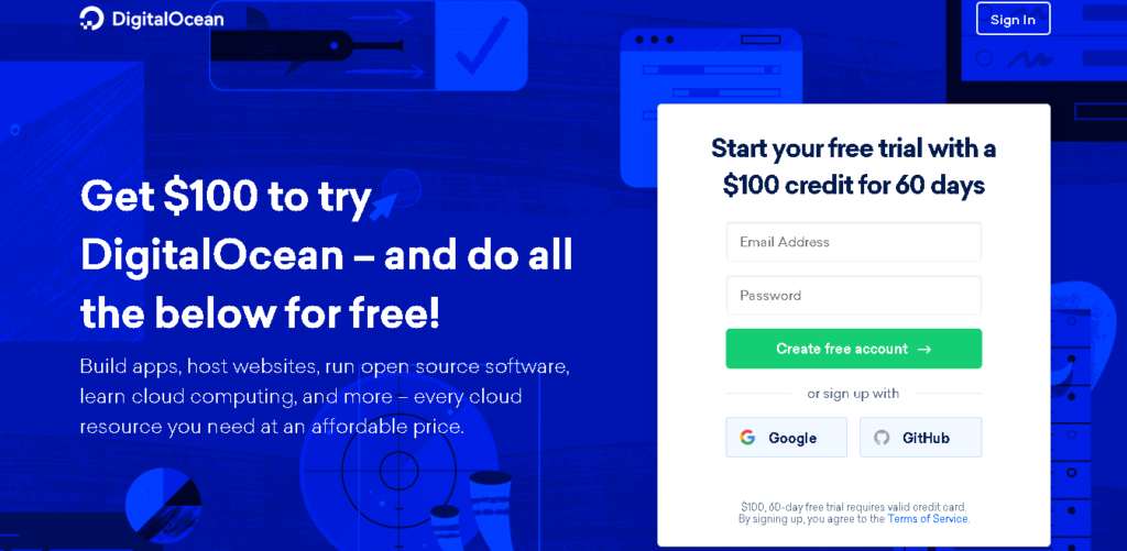 DigitalOcean free 60 day trial web hosting